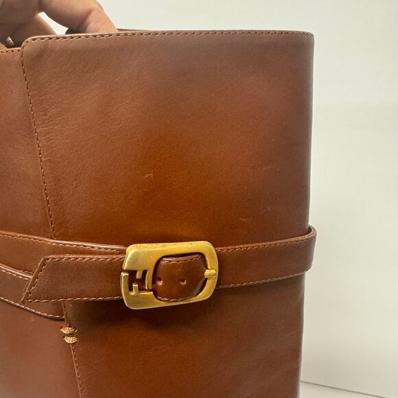 FENDI Women’s Cognac Brown Leather New High Heeled Boots Size 39 8.5 Gold Buckle - Picture 7 of 13